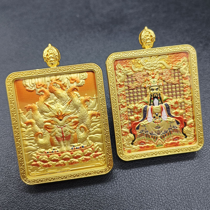 THANGKA 펜던트 양면 3 차원 릴리프 5 YE 9 꼬리 펜던트 MANJUSRI BODHISATTVA HUANG CAISHEN GAWU 상자 목걸이 도매
