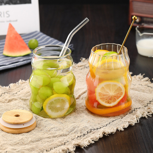 Ins style high-looking heat-resistant wave cup coffee milk transparent glass cup high borosilicate glass straw cup