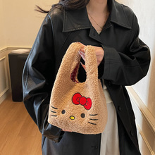 冬季新款毛绒手提包格子卡通上班通勤小拎包可爱卡通羊羔毛包包女