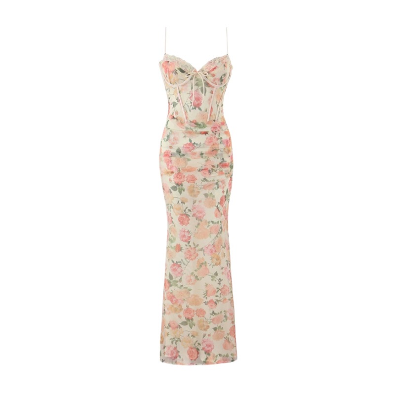 Exquisite and Charming Peach-Colored Floral Print Maxi Dress with Stretchy Corset Waist and Bodycon Fit