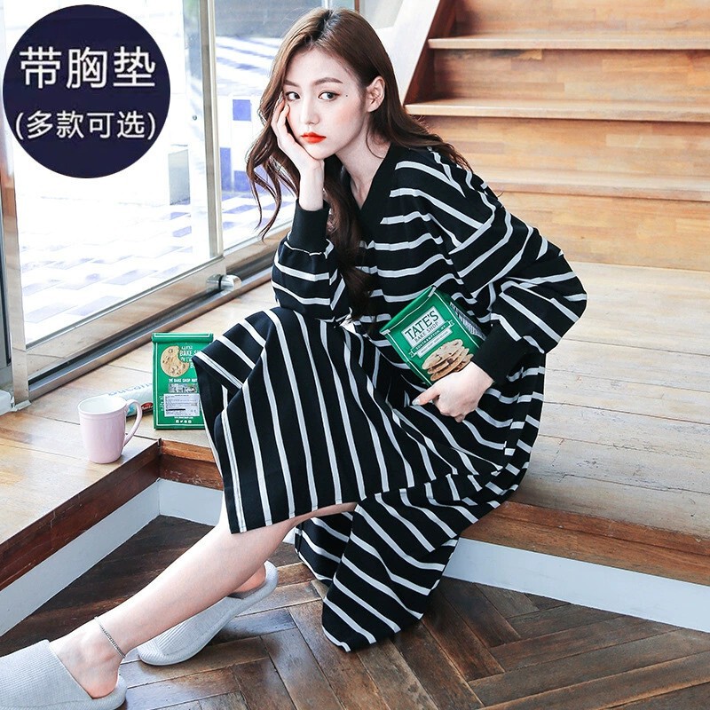 Slim Long-Sleeved Stripesd Nightgown for Women, Pure Cotton, Spring & Fall Long Style, Can Be Worn Outside, Loose Pajamas for Pregnant Women with Breast Pads, Home Clothes