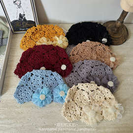 2025夏季新款珍珠花朵蕾丝帽女手工编织镂空甜美百搭包头毛线帽子