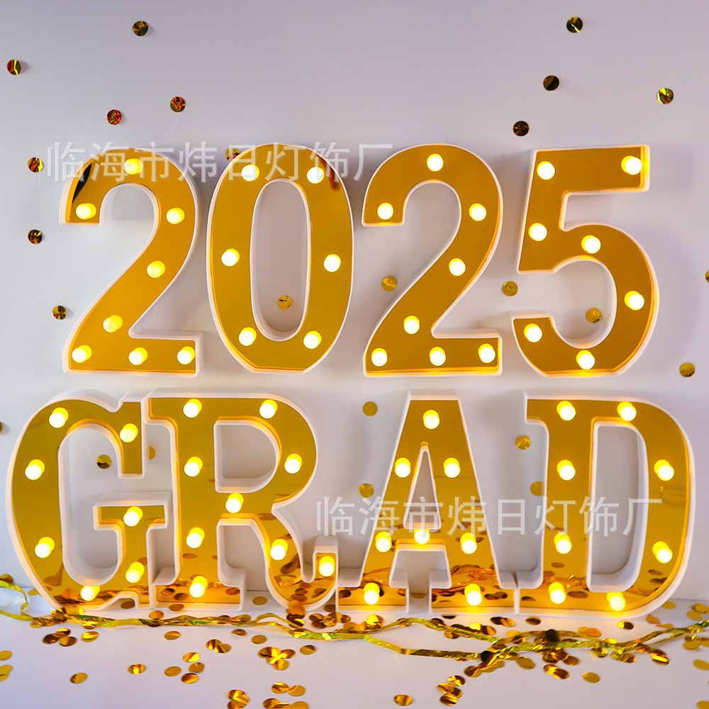 2025 accesorios de la foto de graduación, lámpara de letras grad, decoración de la escena de la fiesta led, lámpara decorativa, temporada de graduación, sombrero de soltero
