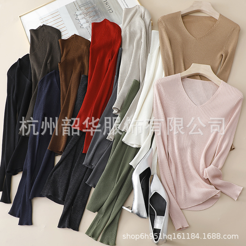 可机洗60支双股精纺针织美丽诺全羊毛衫 修身显瘦打底v领纯色无缝