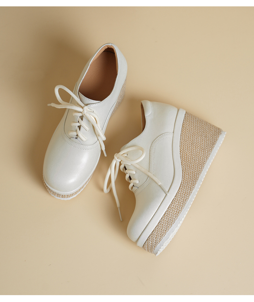 Giày loafer nữ đế xuồng platform da thật buộc dây, gót cao 9 cm — màu đen, màu trắng ngà chi tiết 16