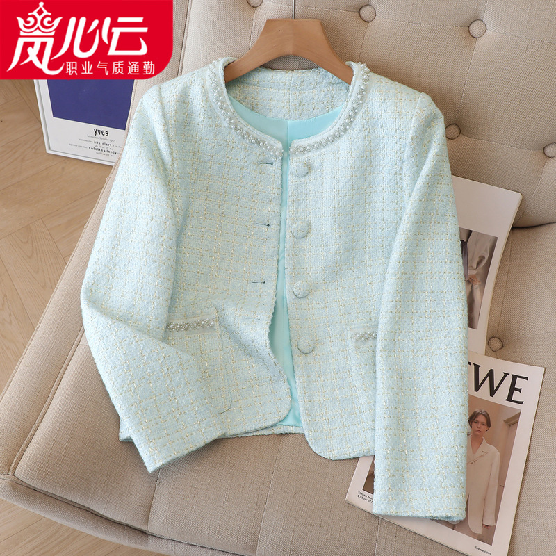 Casual and fashionable light green tweed jacket for women, new spring style, goddess-style short tweed blazer