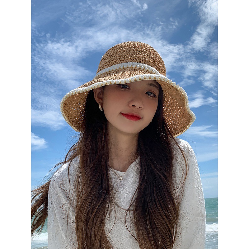 Hepburn Style Straw Sun Hat For Women Pearl Woven Beach Visor_voghion.com