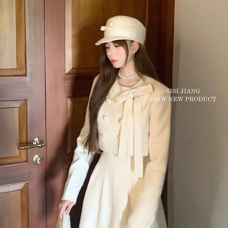 法式南洋千金蝴蝶结排扣外套高腰显瘦半裙秋季套装两件套赫本风|undefined
