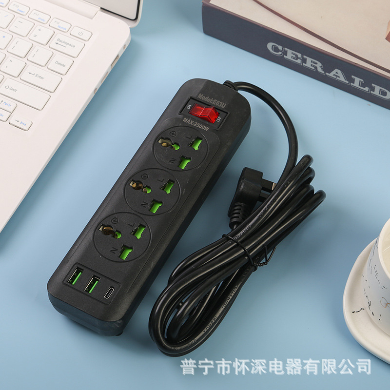 2USB + 1Type-c interruptor de cabezal de agitación con caja negra con puerta de seguridad verde estándar británico estándar europeo estándar americano