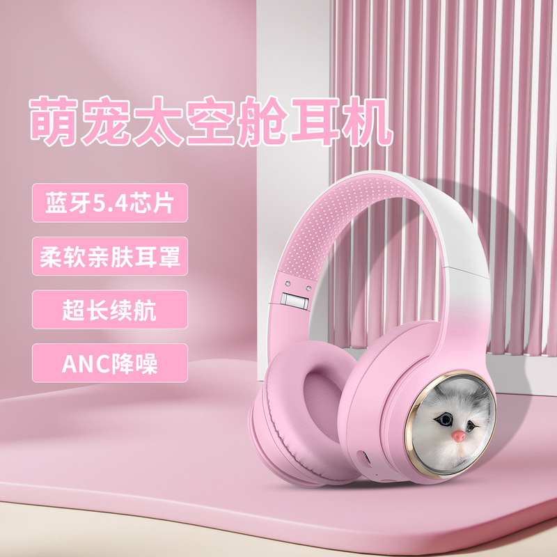 AKZ 1013 ANC Noise Reduction Cross-border Space Capsule Cartoon Simulation Cat Bluetooth Headset with Large Battery