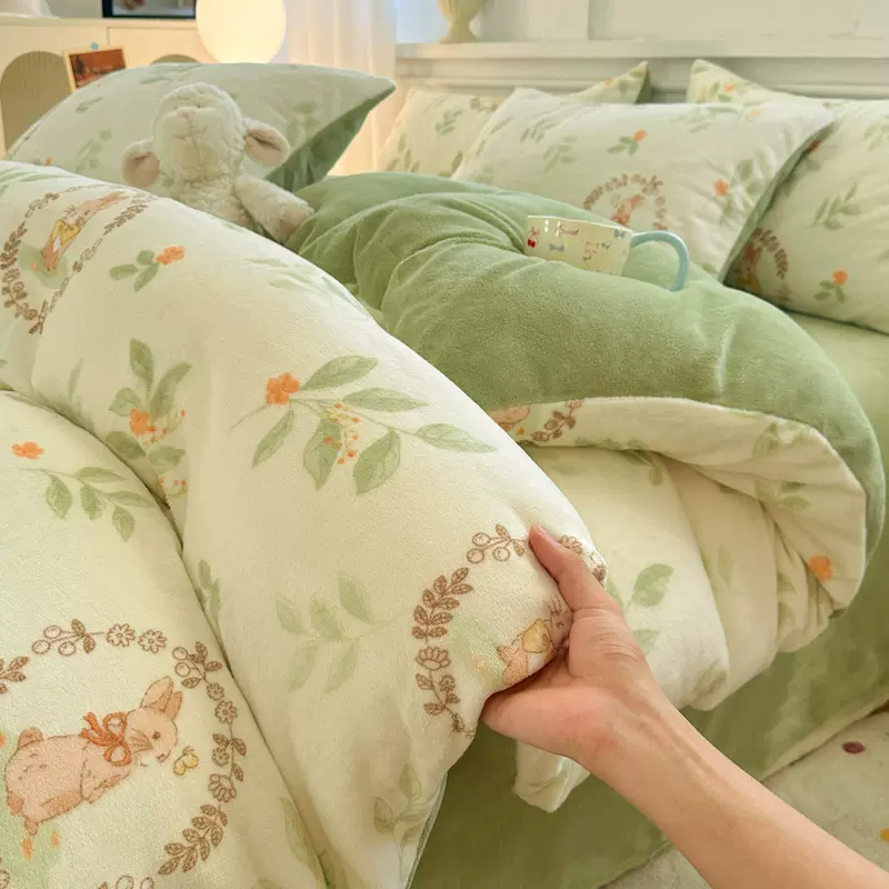 加厚保暖牛奶绒四件套被套床单珊瑚绒被罩双面法兰绒加绒冬季床上