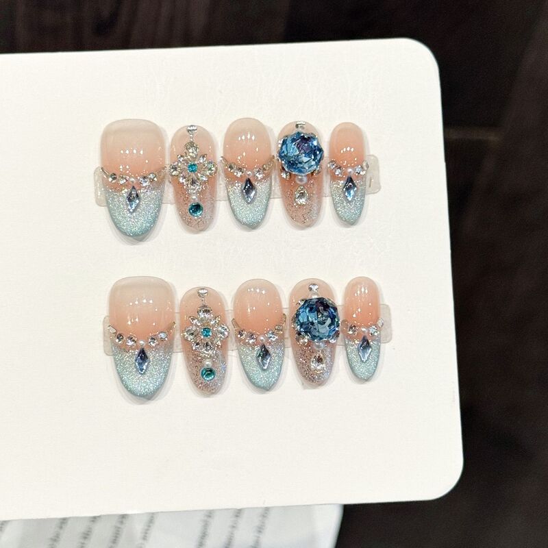 Yihe Original [Light Sakura Blue Diamond] Purely Handmade Wearable Nail Powder Blue Gradient Full Diamond Luxury Stereo Manicure Patch