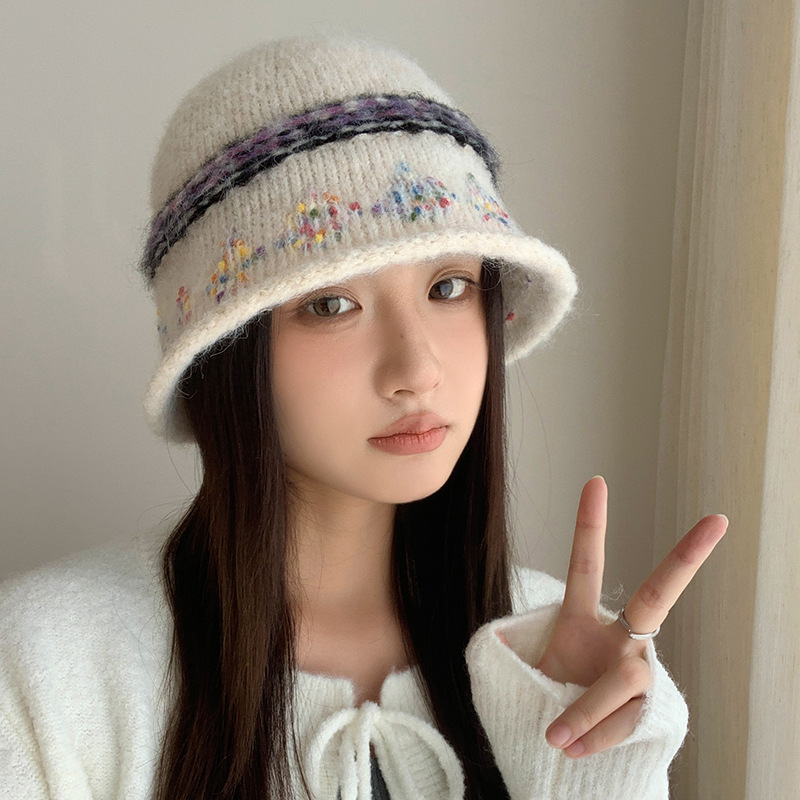 2025新款小香风保暖渔夫帽复古提花卷边盆帽彩色糖豆显脸小水桶帽|undefined