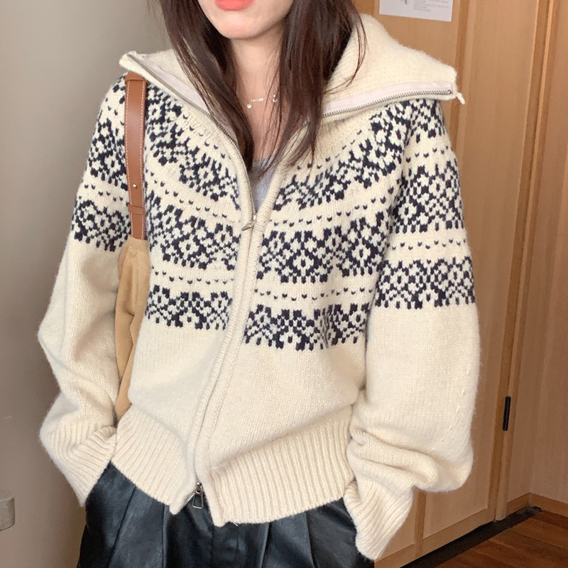 法式费尔岛提花毛衣女撞色春秋2025新款厚实开衫宽松显瘦软糯上衣|undefined