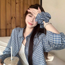 韩版宽松慵懒风防晒衬衫女夏薄款复古格子长袖衬衣外套小个子上衣