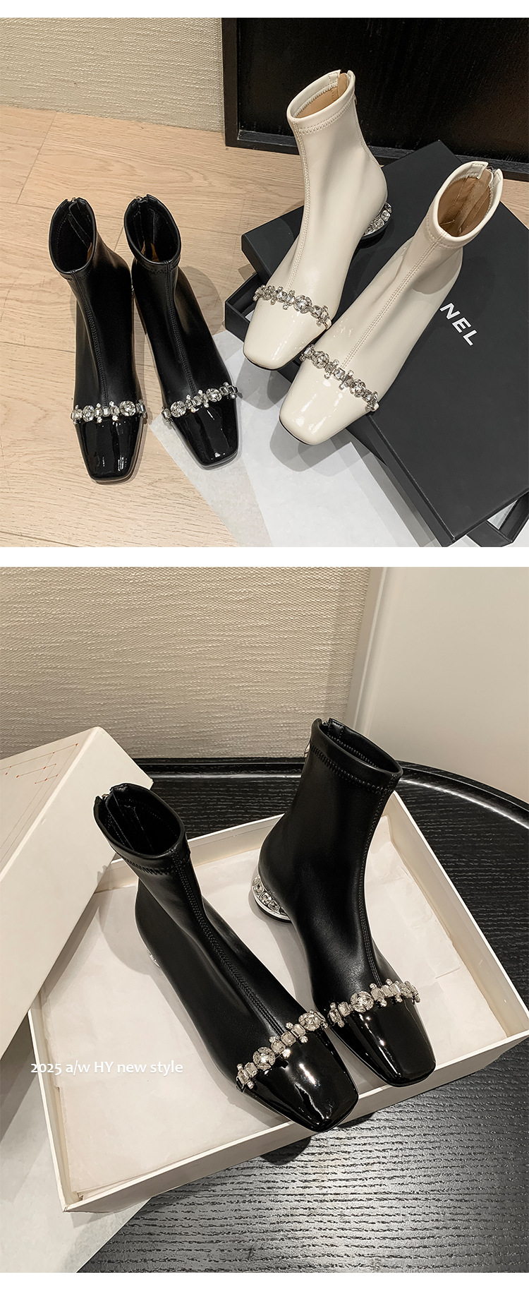 Boot ngắn nữ mũi vuông gót thấp khóa kéo sau chất nhũ đá phong thủy — nhung đen chi tiết 16