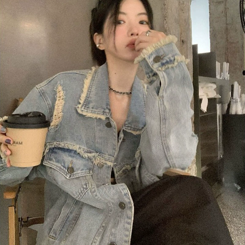 Ретро заусенцы старая джинсовая куртка женская весна и осень свободная повседневная куртка Джокер с длинными рукавами Top Tide ins