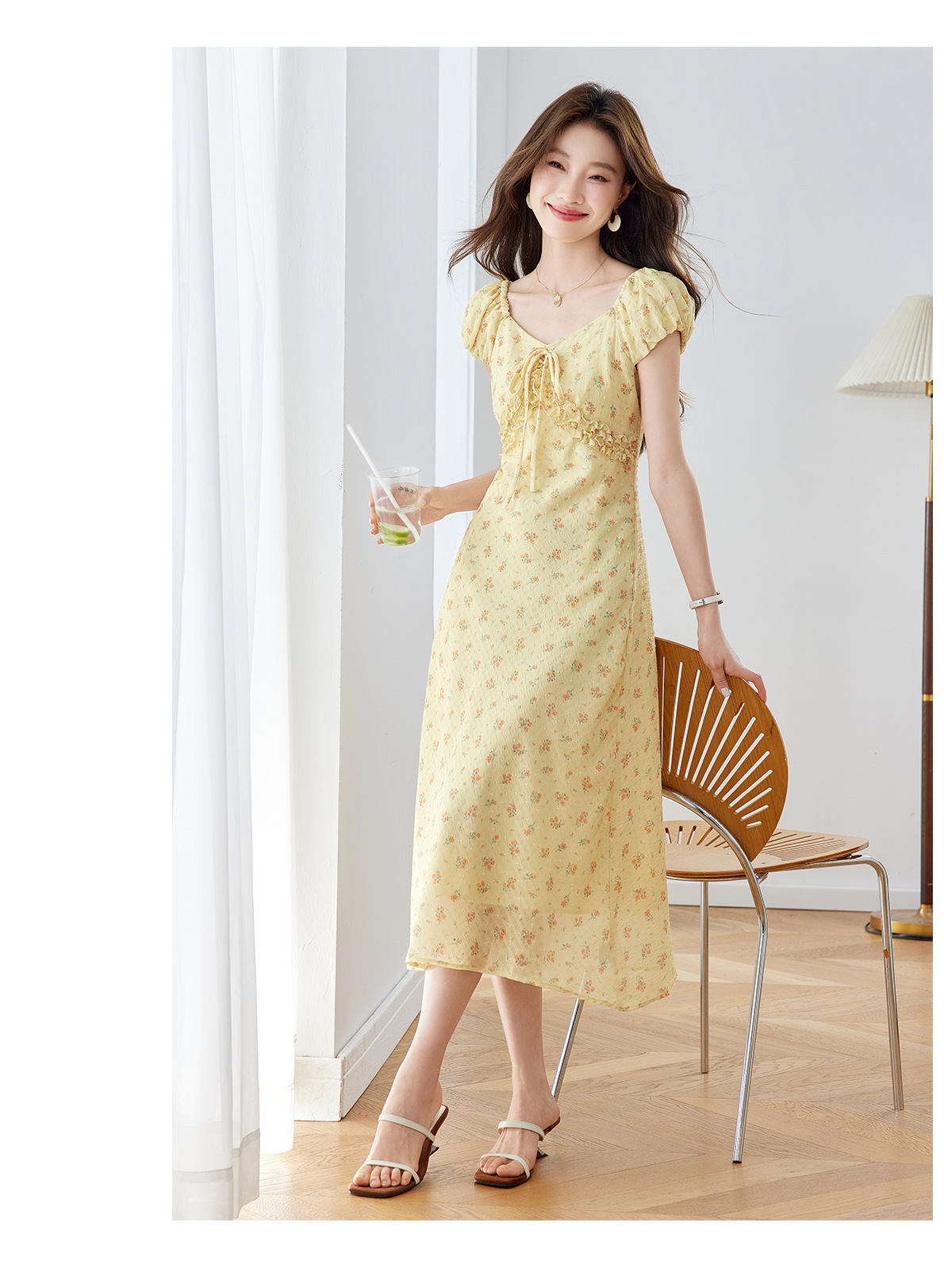 Đầm maxi nữ thắt eo cổ V họa tiết hoa nhí phong cách Pháp — màu vàng, màu đỏ chi tiết 15