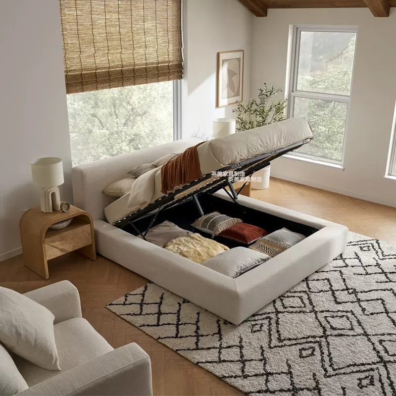 北欧奶油风布艺卧室双人床法式亚麻酒店民宿主卧榻榻米收纳储物床