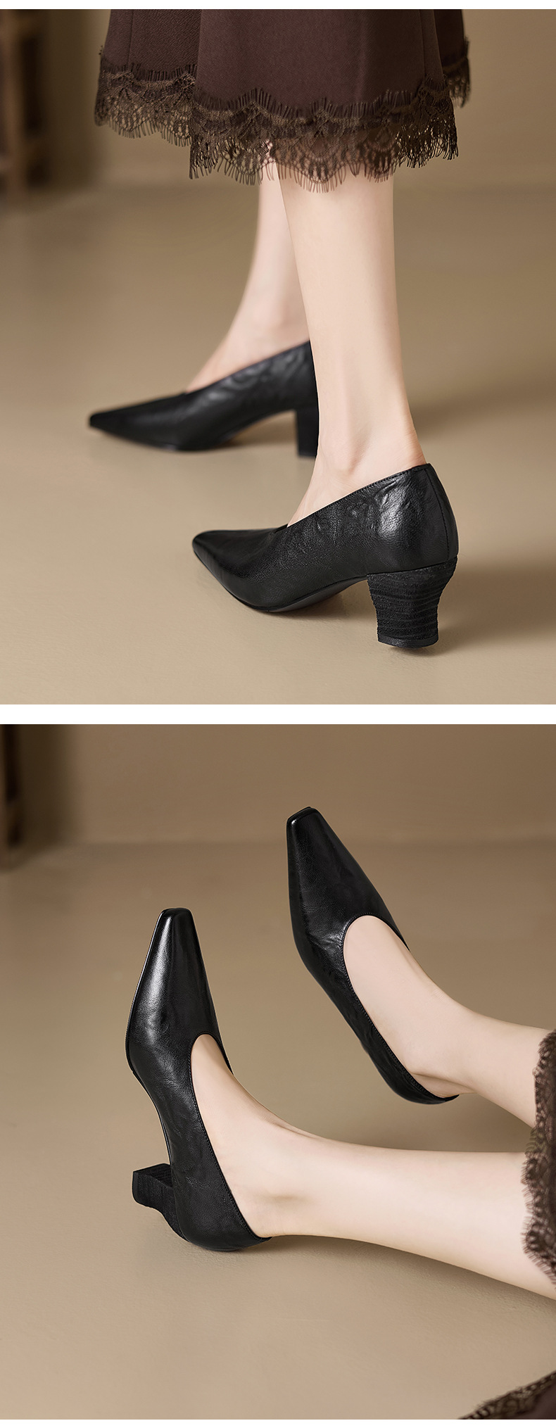 Giày cao gót nữ mũi vuông gót dày 5.5 cm, phong cách công sở đơn giản — đen chi tiết 4
