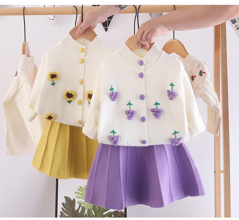 Cardigan tricoté pour filles, pull pour enfants, trésor pour femmes, ensemble deux pièces de style occidental, fleur de fruits en laine faite à la main_voghion.com