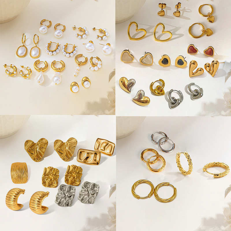 Earring Set with Studs and Hoops, Light Luxury and High-End Feel, Versatile Accessories, Heart-Shaped Pearl Jewelry, Geometric Titanium Steel Ear Threader, Trendy