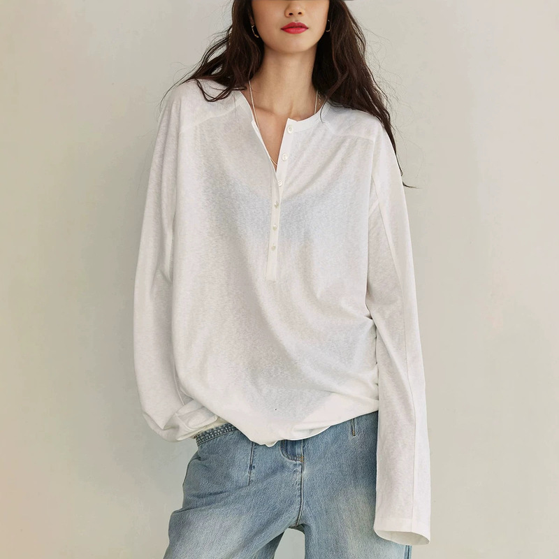 Silk blend summer henley collar polo long-sleeve T-shirt for women 2026, lightweight and loose-fitting air conditioning shirt, early autumn new Silk blend summer henley collar polo long-sleeve T-shirt for women 2026, lightweight and loose-fitting air conditioning shirt, early autumn new