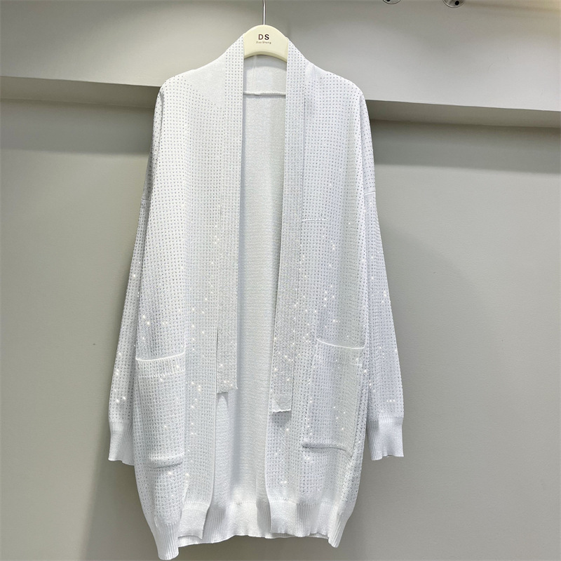 European and American Style Heavy-Duty Rhinestone Embellished Oversized Pocket Design Loose and Casual Mid-Length Knitted Cardigan Trendy