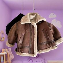 儿童加绒外套2024冬季新款男女童宝宝时髦版皮绒皮毛一体机车服潮