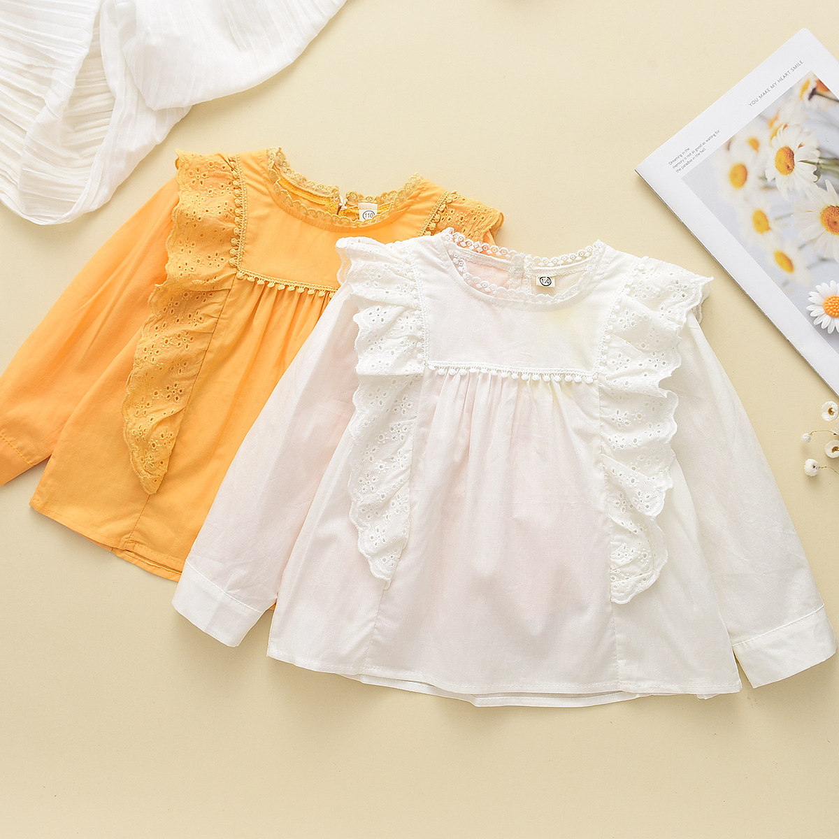 6197 Girls' ruffled blouse, spring and autumn style, long-sleeved top, 3-8 years old, solid color cover-up top