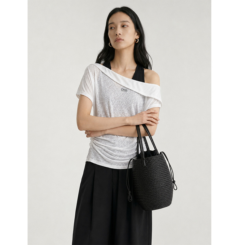 【Special Offer, No Returns or Exchanges】Original Price 99 Yuan, Off-Shoulder Faux Two-Piece Letter T-Shirt for Women, Ruched Waist Top 258780 【Special Offer, No Returns or Exchanges】Original Price 99 Yuan, Off-Shoulder Faux Two-Piece Letter T-Shirt for Women, Ruched Waist Top 258780