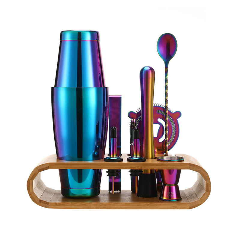 Cóctel de acero inoxidable transfronterizo herramienta de barra de 10 piezas base de marco de madera ovalada 750ML traje Shaker