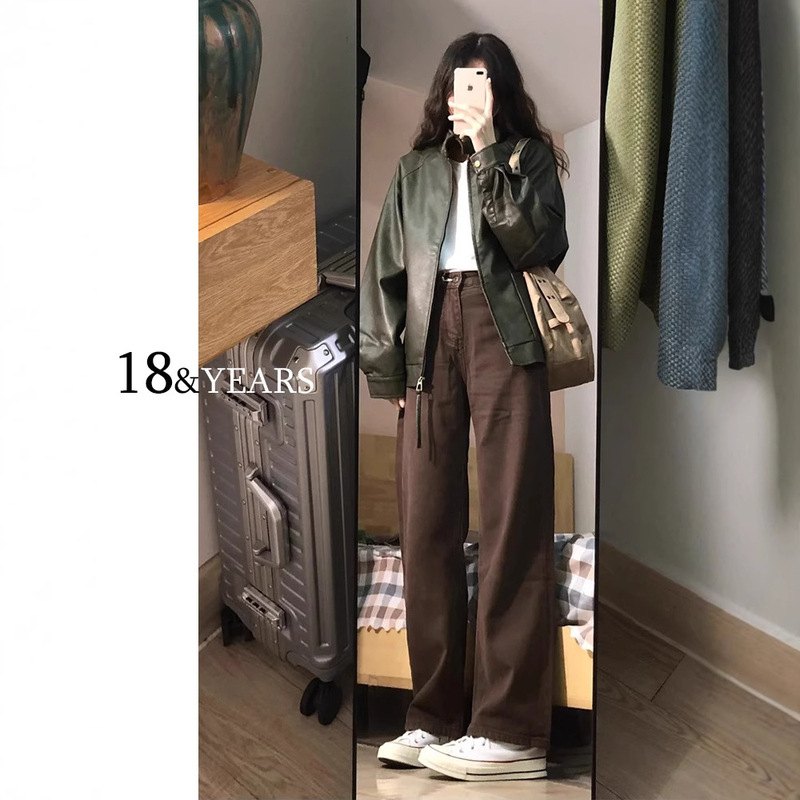 brown Narrow Wide Leg fleece-lined Jeans Women's 2024 New Autumn and Winter Brown Retro High Waist Loose Straight Pants