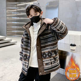 男童毛毛衣加绒连帽棉衣秋冬新款中大童时髦保暖加厚防风柔软舒适