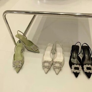 Toe Sandals Women's 2024 New Summer Rhinestone Square Buckle Fairy Wind Hare French Thin Heel High Heel Pointed Shoes