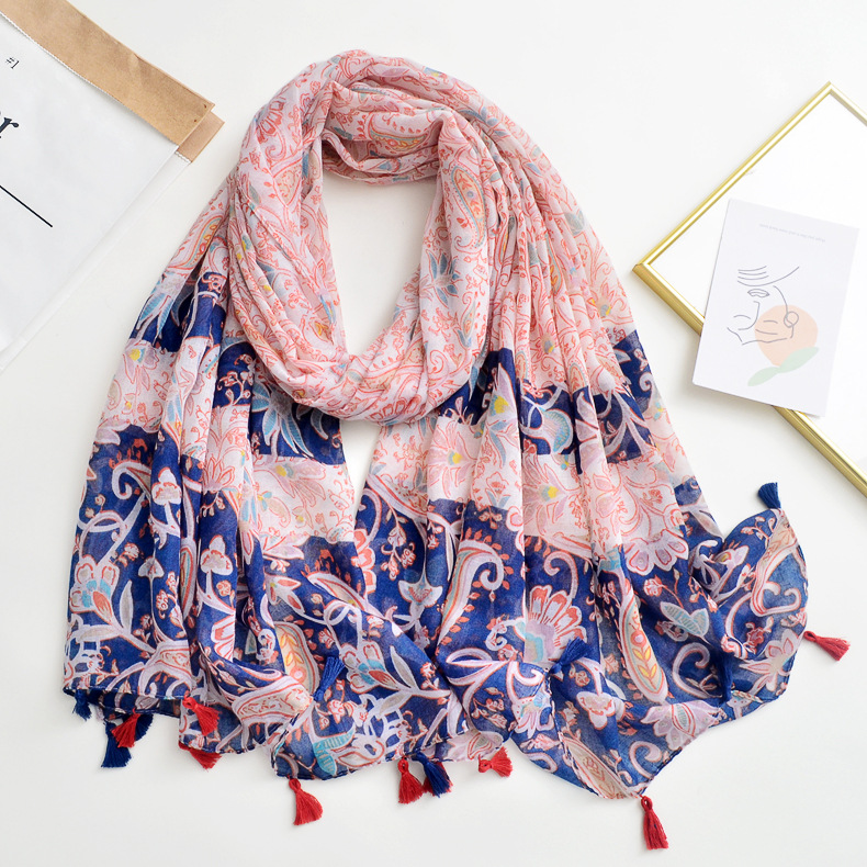 Nuevo estilo étnico retro anacardo impreso bufanda primavera y verano delgada transpirable viaje protector solar playa toalla borla bufanda