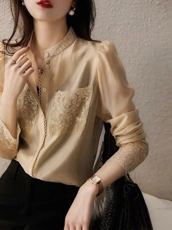 Áo sơ mi nữ tay dài chất liệu lụa pha linen, thêu túi phong cách Pháp — đen