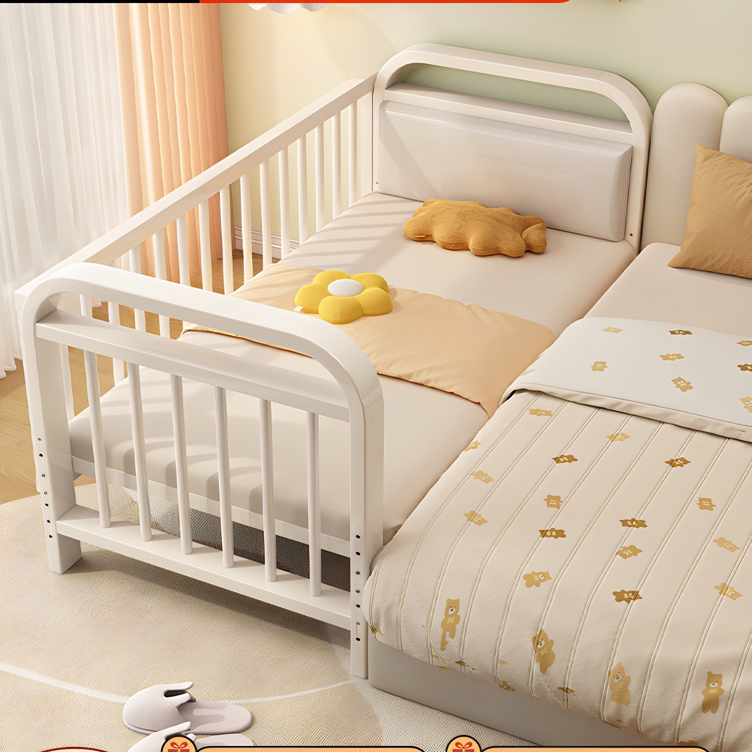 Wrought Iron Children's Bed with Spliced Bed, Elevated Guardrail, Adjustable Height, Widened Bedside Baby Bed, Customizable Iron Bed
