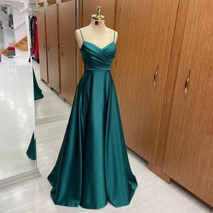 Cross-Border Evening Dress 2025 New Dark Green Suspender V Neck Simple Satin Party Dress Catwalk Fashion and Light