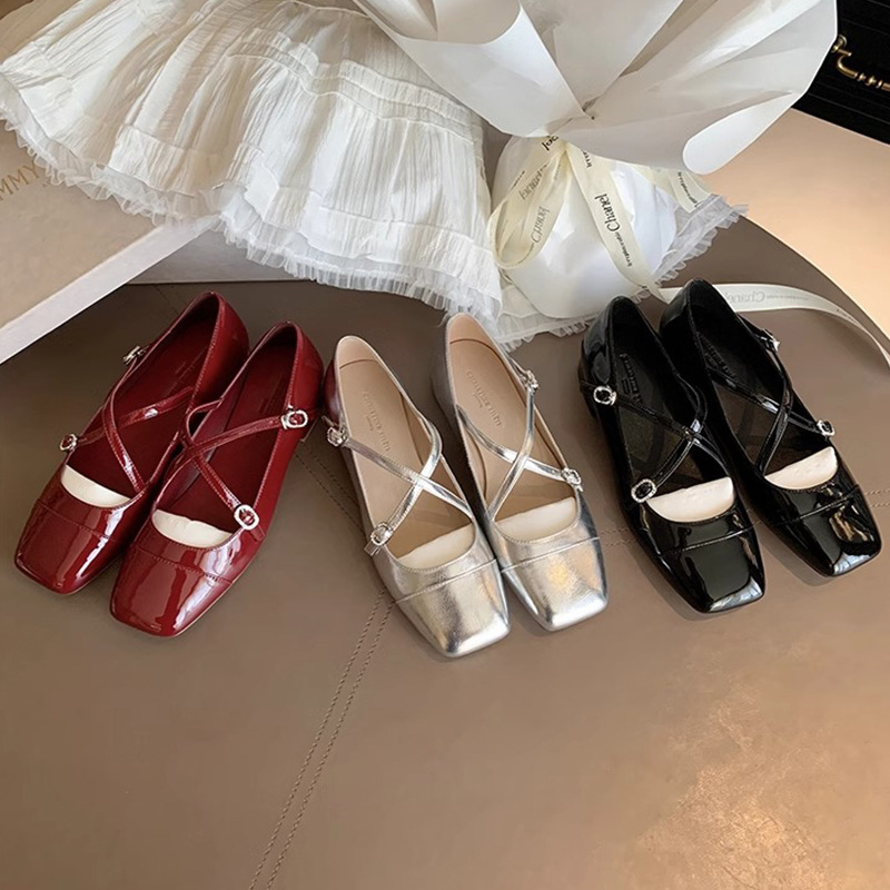 [셰이이 수 이닌] 팔리 소녀 ~ 스퀘어 헤드 크로스 라인스톤 버클 플랫 메리 제인 신발 여성 웨딩 신발