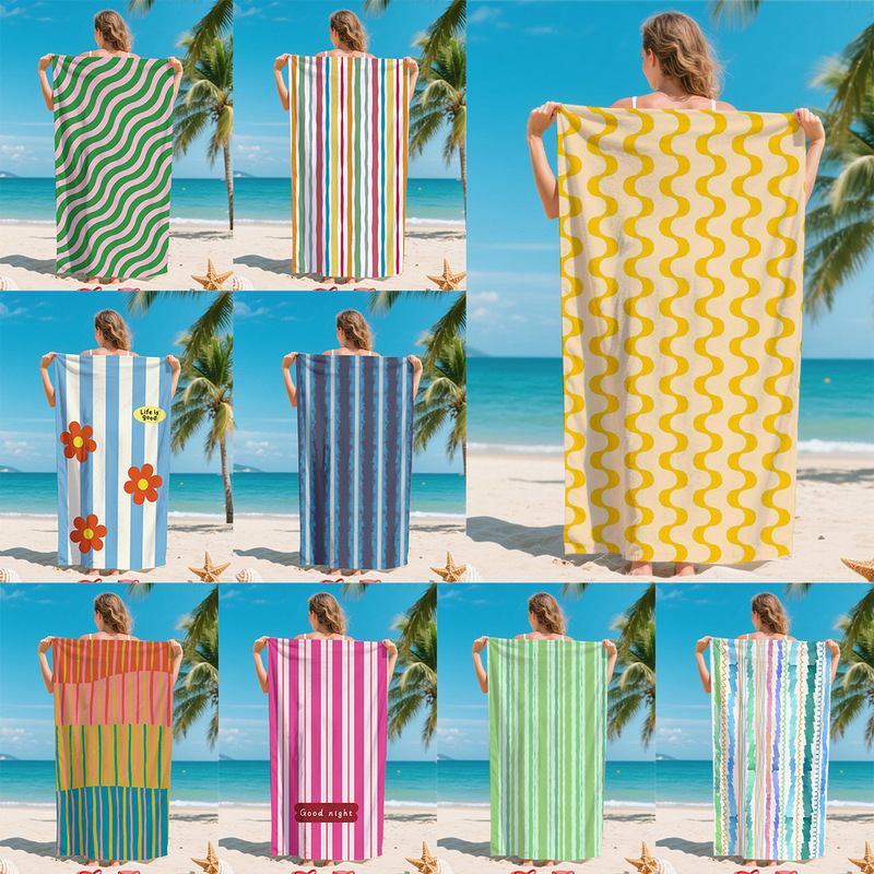 Cross-Border Colorful Striped Microfiber Beach Towel, Soft Quick-Dry Bath Towel, Temu Hot-Selling Bath Towel