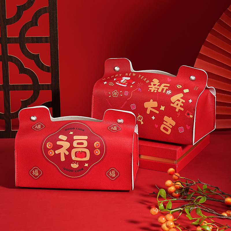 Caixa de papel de dibujo suave, buena significación, caja de toallas rojas festivas chinas, decoración de la nueva casa, caja de almacenamiento PU montada en el automóvil