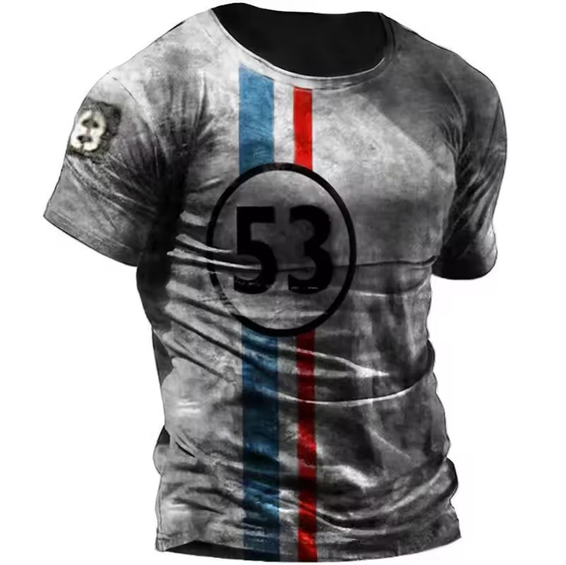 Camiseta de cuello redondo de manga corta transpirable de malla suelta de verano de los hombres con estampado 3D con estampado de lema retro clásico