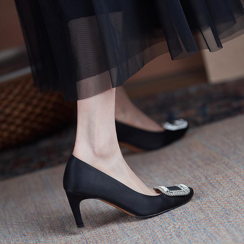 High Heels for Women 2025 Spring and Autumn New Style French Stiletto Heel Rhinestone Square Buckle Silks and Satins Wedding Shoes Square Toe Flats Shallow Mouth