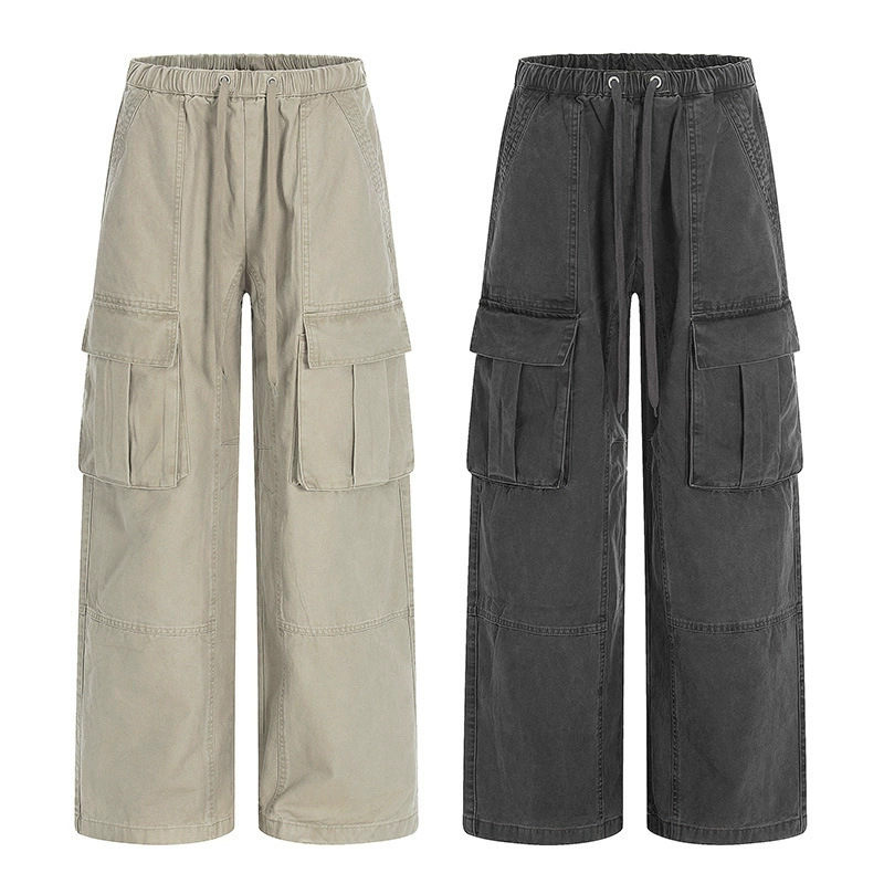 Tuochuan Ck6913 American Retro Drawstring Workwear Pants for Men and Women with Multiple Pockets, Elastic Waist, Loose Wide-Leg Casual Curved Pants