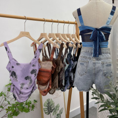 Real shot of hot girl tie-dyed irregular sleeveless camisole backless lace-up bow short top 8757