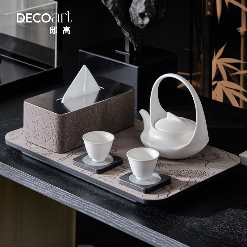 新中式样板间玄关柜原创设计师托盘纸巾盒高级感摆件陶瓷茶具套装