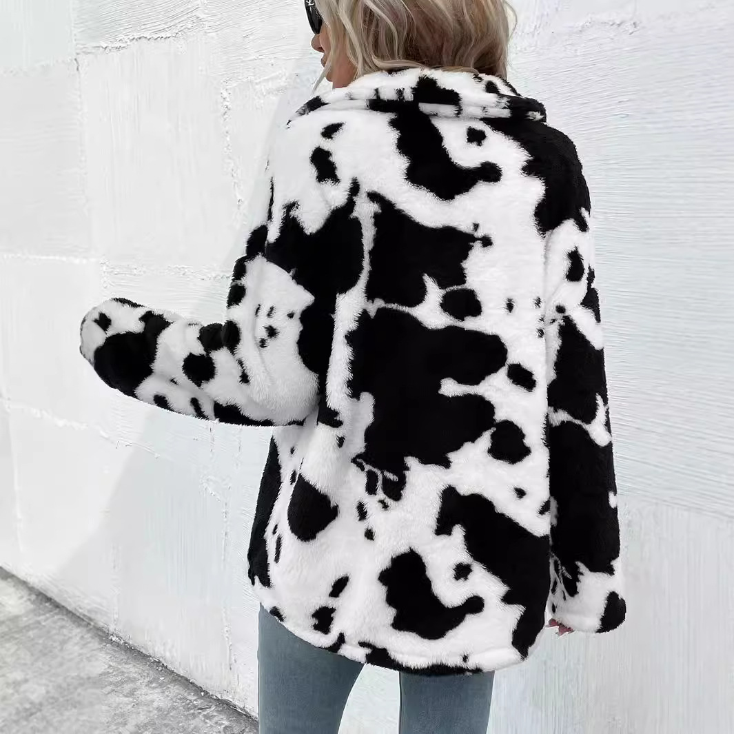 Women's Clothing hot selling double sided plush cow pattern pocket top coat hot_voghion.com