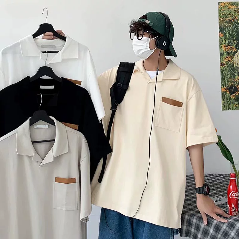 Ins новая летняя мужская рубашка поло с короткими рукавами, дизайн этикетки с рукавом три четверти, однотонная модная футболка с отворотами в корейском стиле