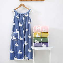 Xiangfeng's new coral velvet cartoon bunny jacquard towel, bath towel, shower cap, bathrobe, women's home six-piece set
